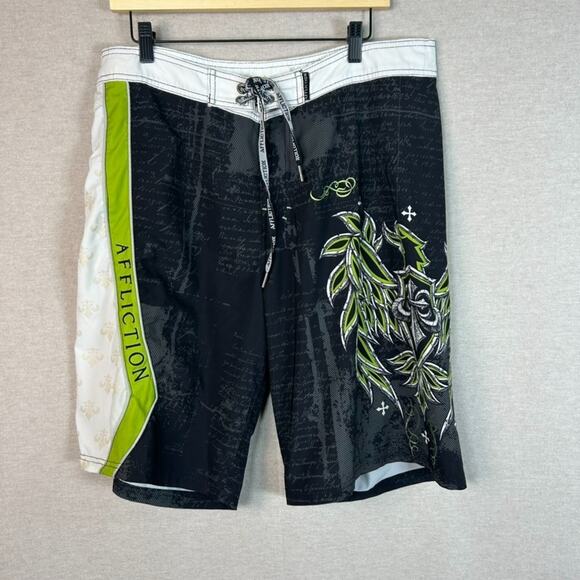 Affliction Mens Y2K Board Shorts Size 36 Grunge Goth Skater Punk Swim Trunks - Picture 1 of 13